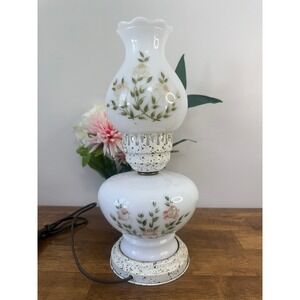 Vintage Milk Glass Hurricane Lamp Hand Painted Floral Electric Table Lamp White